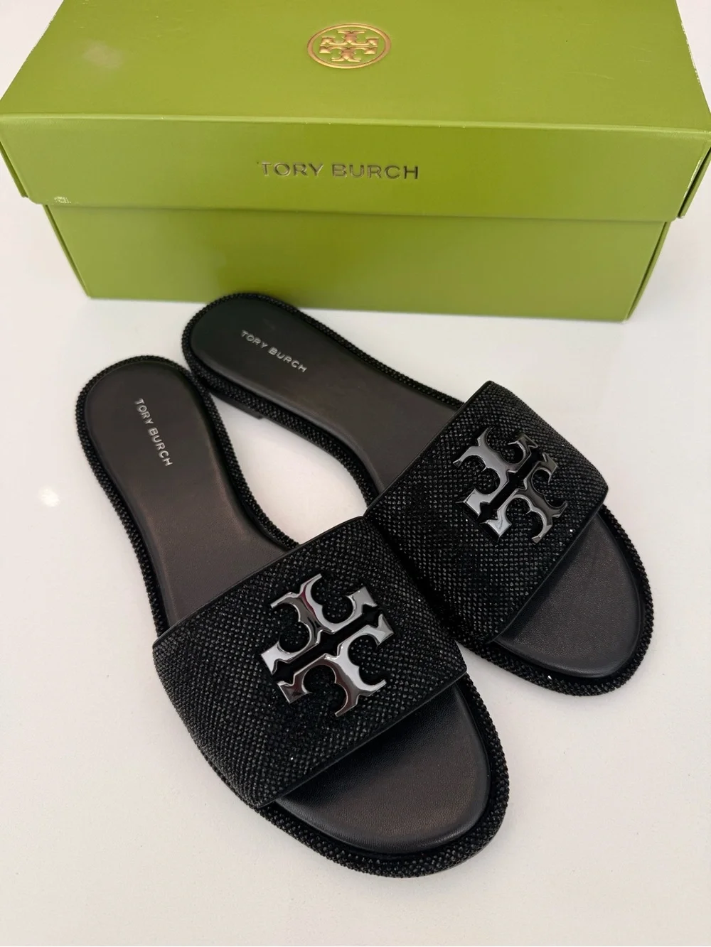 Tory Burch Everly Crystal Slide Sandals Black Women’s RUNS SMALL Size 9